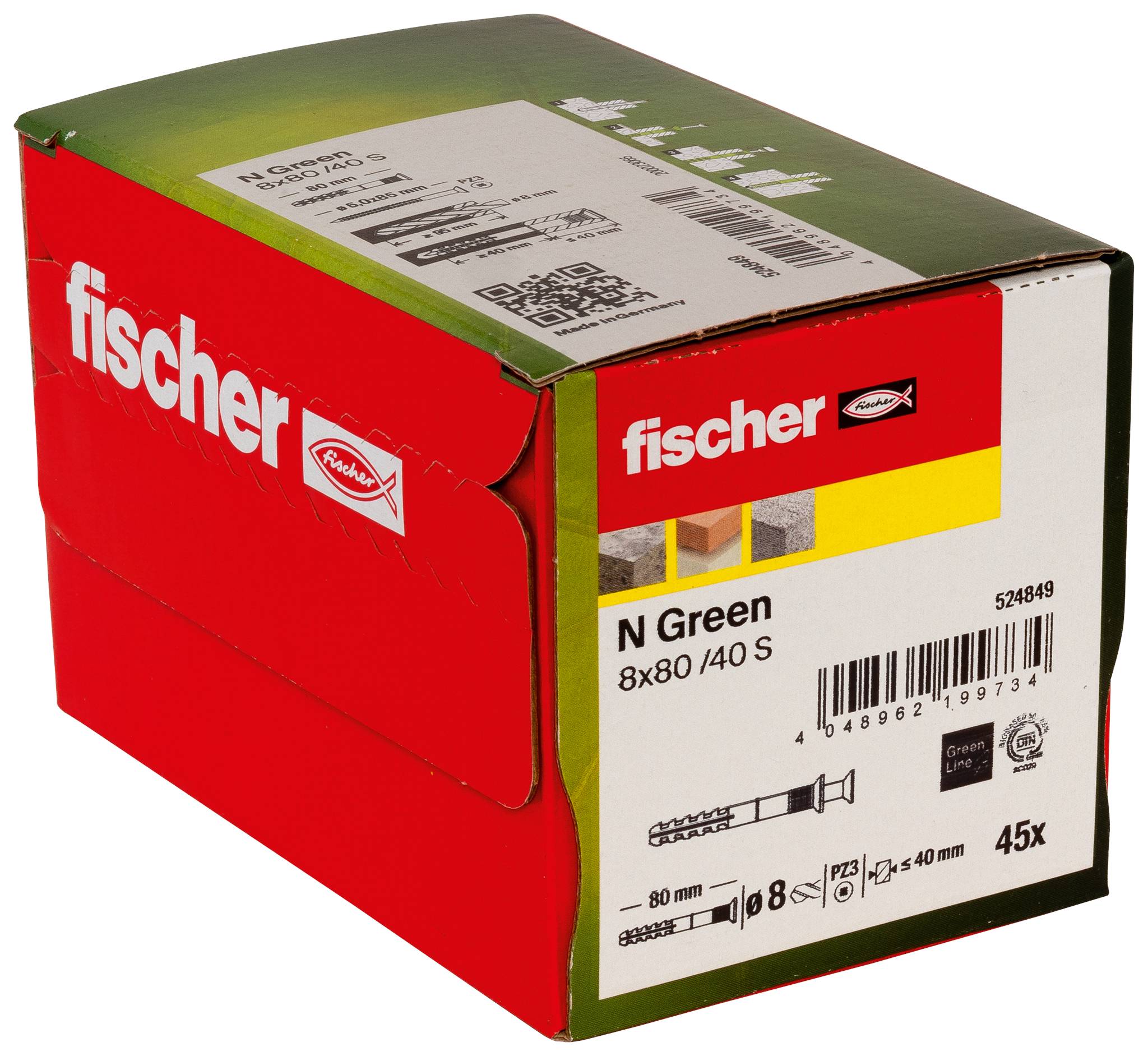 Červené balení Fischer pro kotvy fischer N Green 8x80/40 S, označené 45x, zobrazené na fotografii produktu.