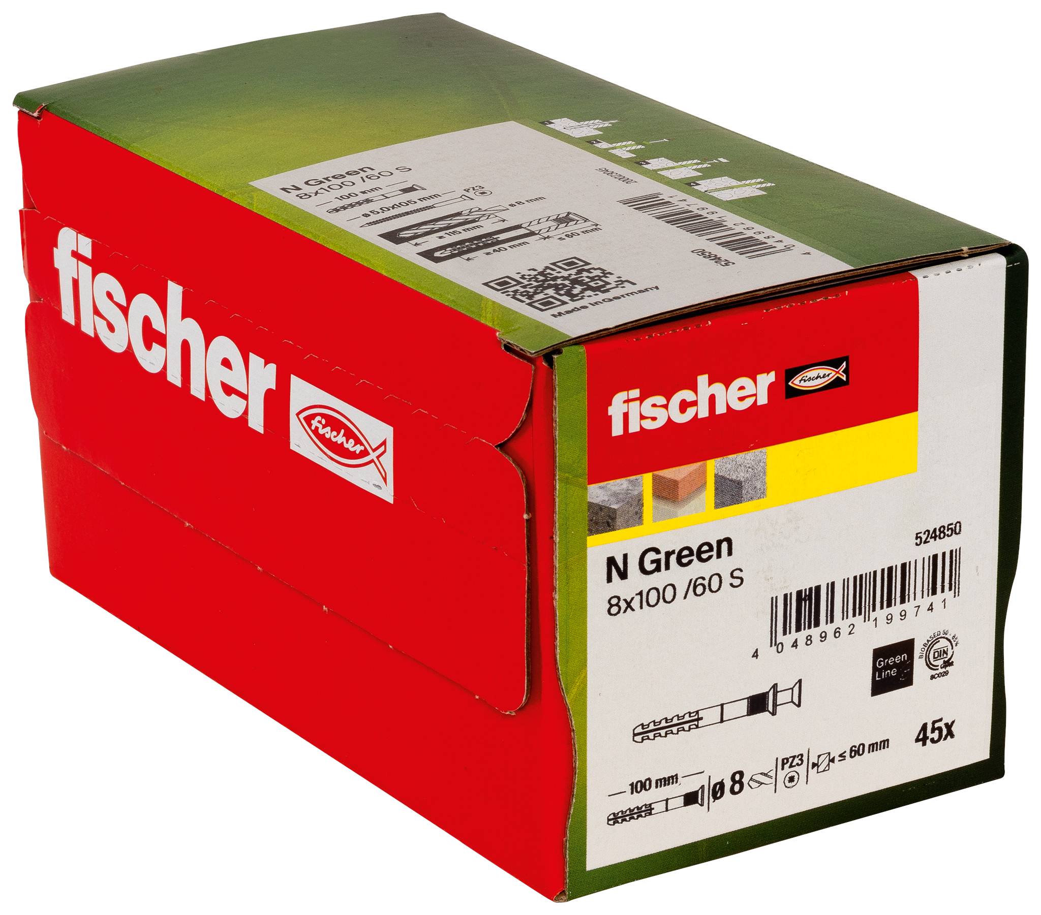 Fischer N Green box 45 kotev, označena 8x100/60 S, zobrazena v červeno-zeleném balení.