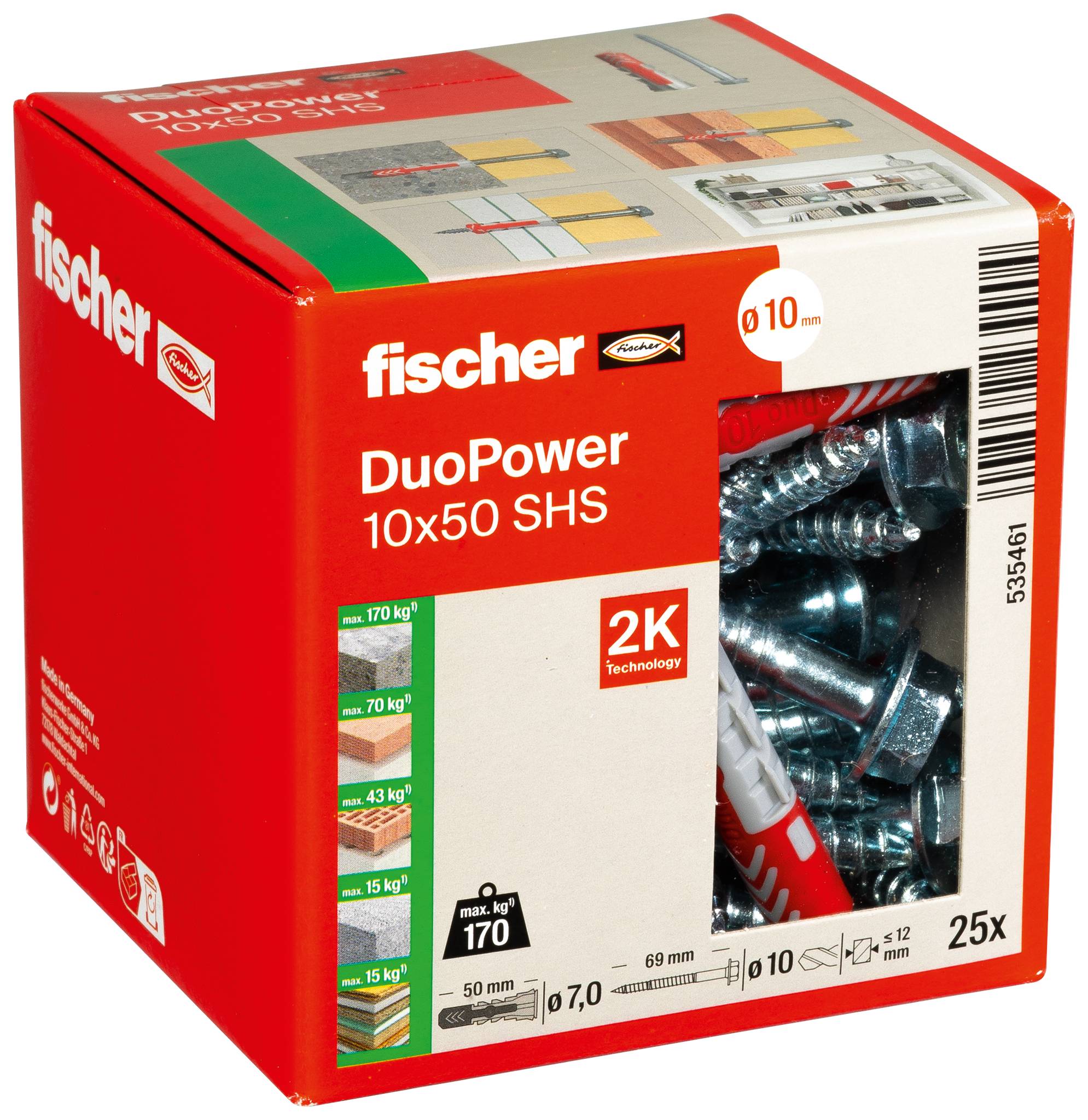 Červený Fischer DuoPower 10x50 SHS zatloukací kotva do zdi s transparentním oknem ukazujícím šrouby uvnitř, označená pro 10 mm otvory a 25 kusů.