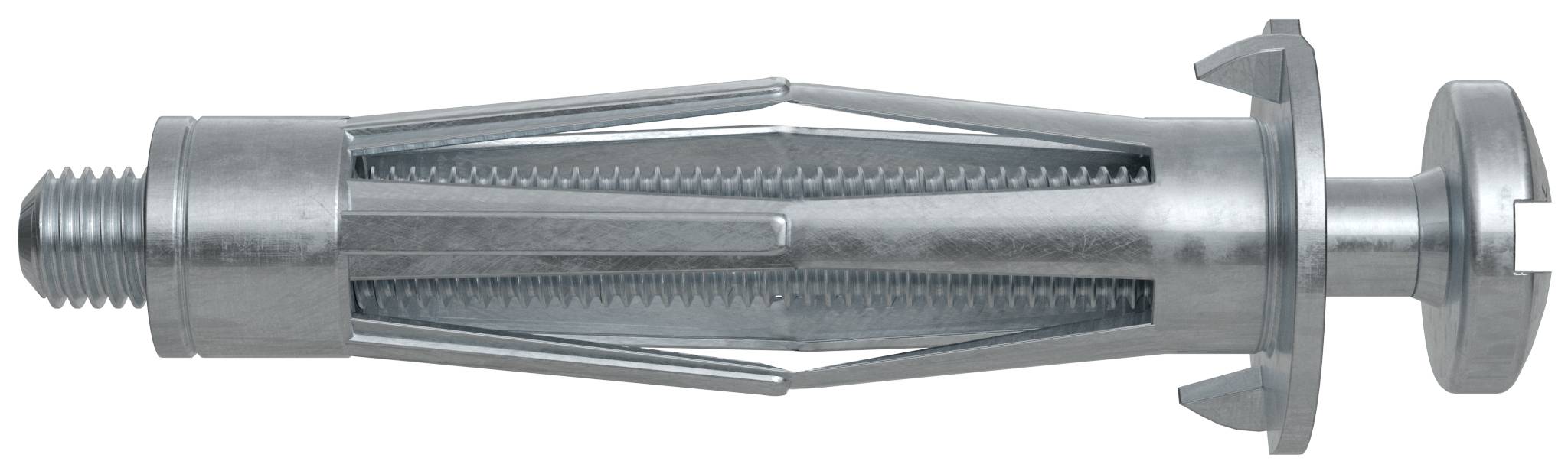 Kovový kotevní prvek do dutých stěn se závitovaným šroubem a roztahovacím pouzdrem, zobrazen na bílém pozadí.