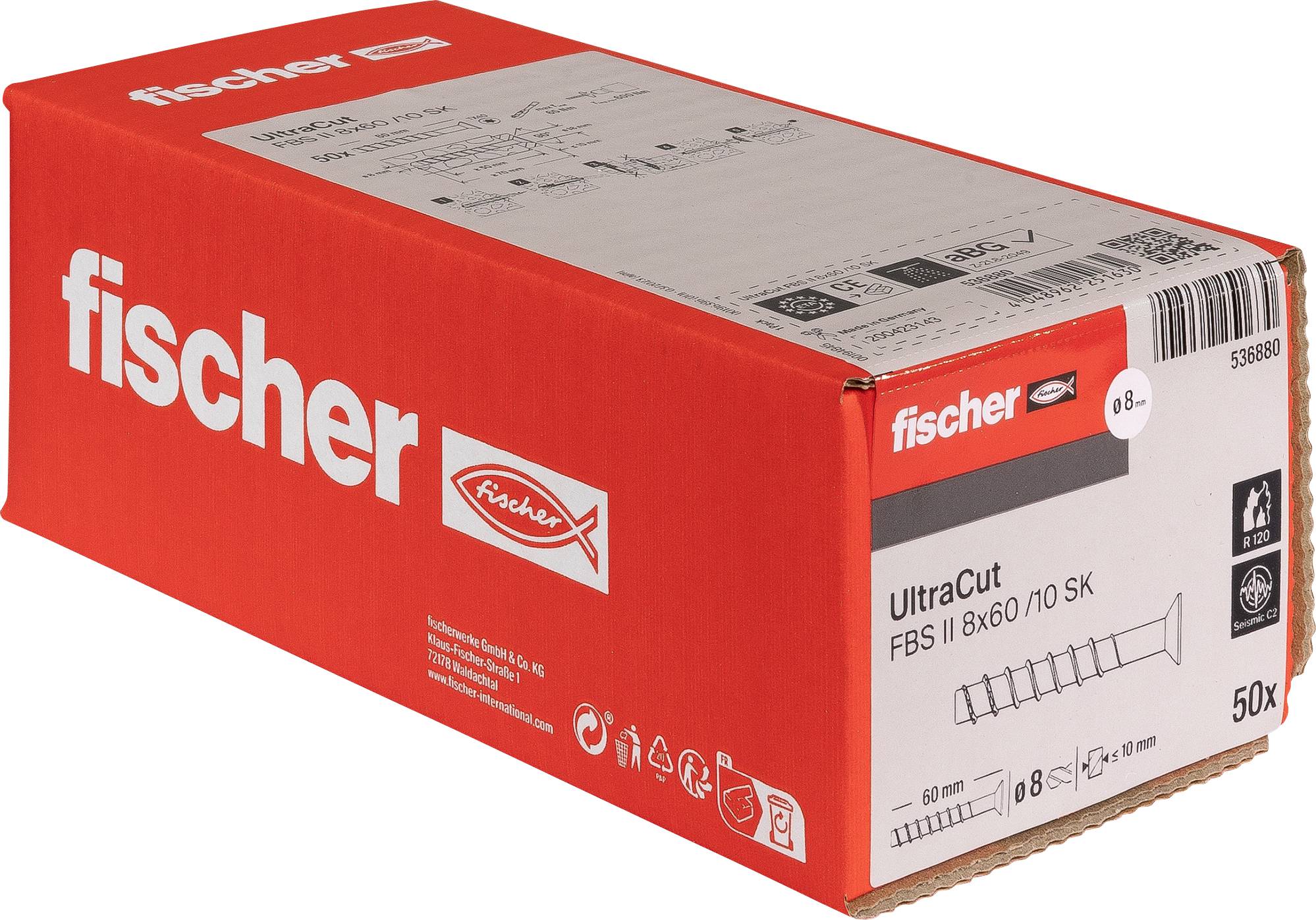 Krabice produktu Red Fischer označená „fischer" a „UltraCut FBS II 8x60/10 SK", zobrazující 50 vrutů a podrobnosti o velikosti.