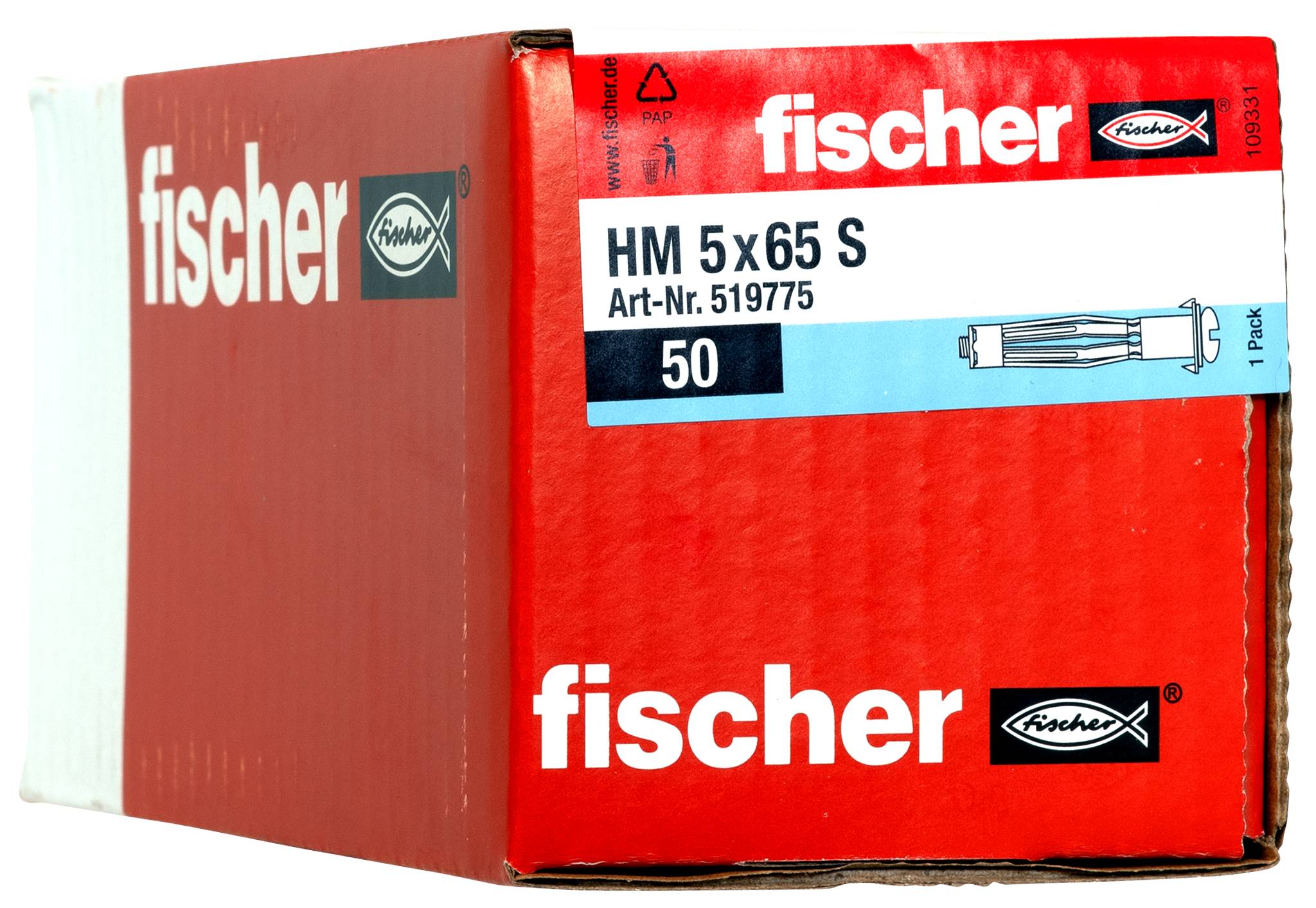 Krabička produktu Red Fischer označená „HM 5x65 S" a „50", s logem značky a malou ilustrací nástěnného kotvy na přední straně.