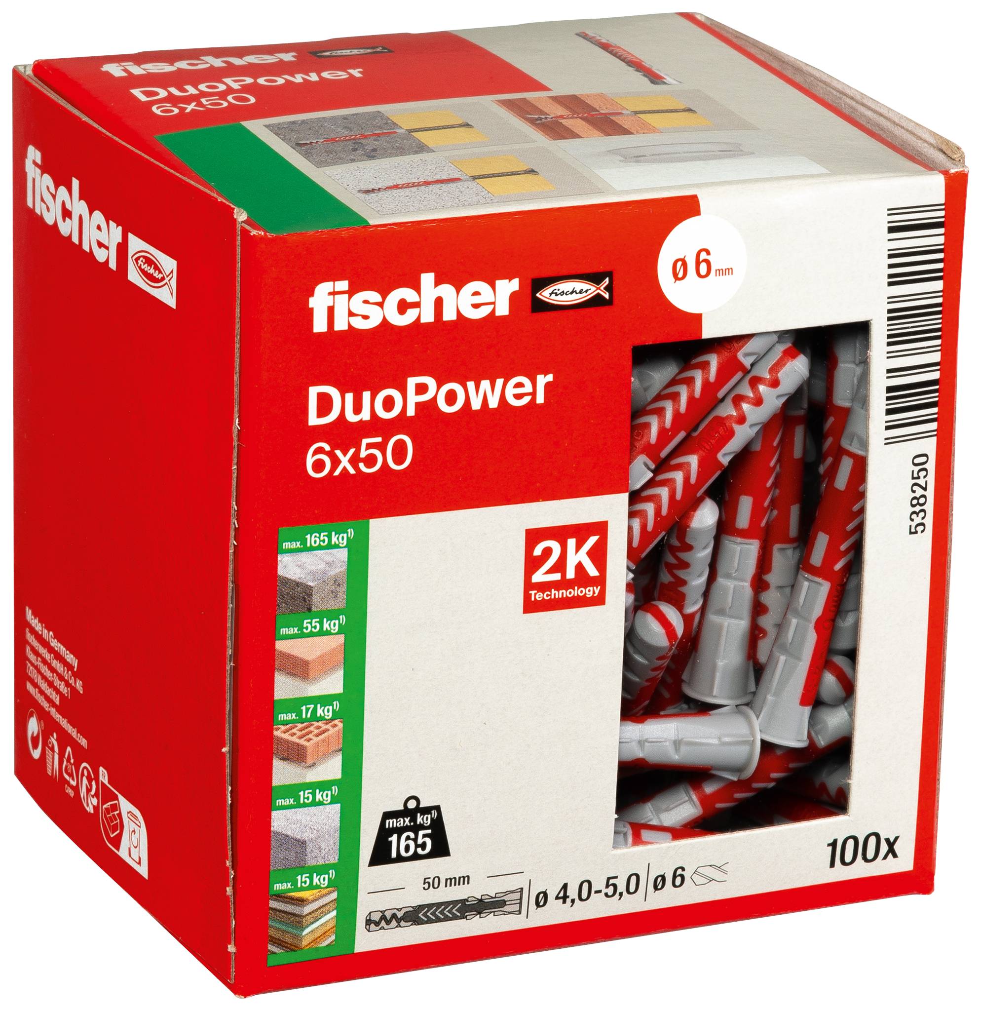 Krabice s hmožddinkami Fischer DuoPower 6x50, červeno-bílé balení s okénkem ukazujícím hmožddinky uvnitř a označením množství '100x'.