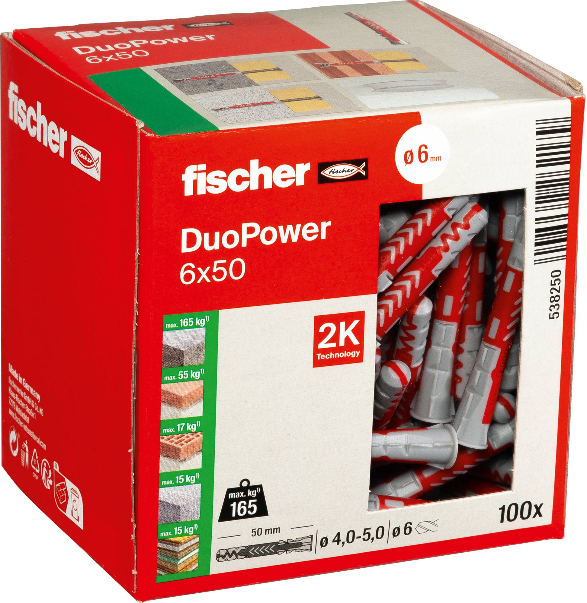 Krabice hmoždinek Fischer DuoPower 6x50 s technologií '2K Technology'. Nosnost 165 kg. Vhodné pro různé typy povrchů. Balení obsahuje 100 kusů.