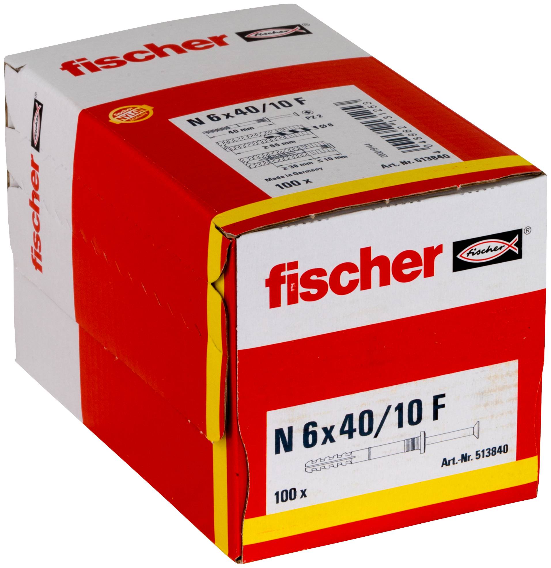 Červeně-bílá krabice Fischer nástavce do zdiva N 6x40/10 F, označená 100 x, s obrázkem produktu a číslem artiklu 513840.