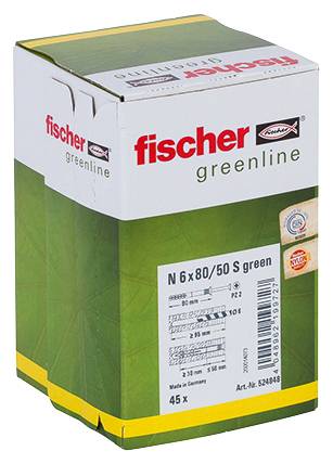 Zelená krabička Fischer kotvicích prvků/hmoždinek označená „fischer greenline" a „N 6x80/50 S green", zobrazená jako balení produktu.