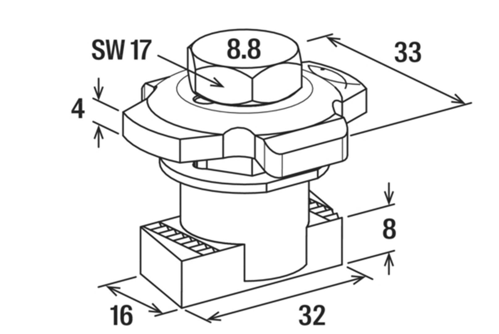 Technický výkres šroubu s rozměry: výška 33, šířka 16 a 32, velikost klíče SW17. Pevnost šroubu 8.8 vyznačena.