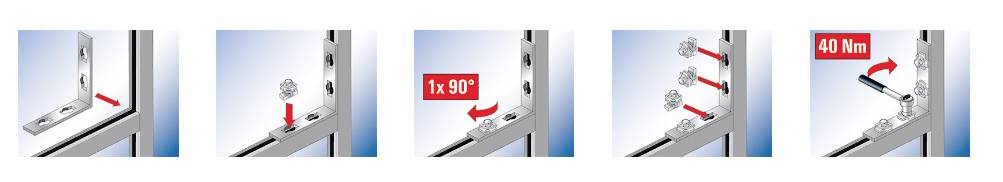 Návod na upevnění úhlu k okennímu rámu: Postup krok za krokem, šipky a dotahovací moment 40 Nm.