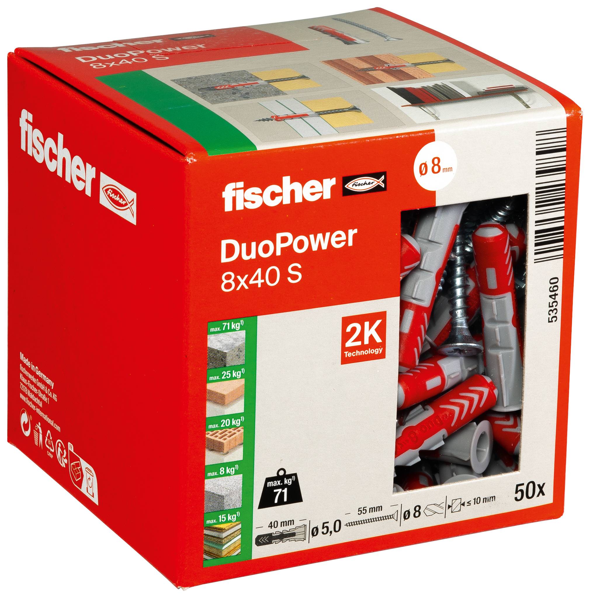 Krabička na nástěnné kotvy Red Fischer DuoPower 8x40 S se šedými a červenými kotvami viditel ného skrz čiré okno, označená 50x a technologií 2K.