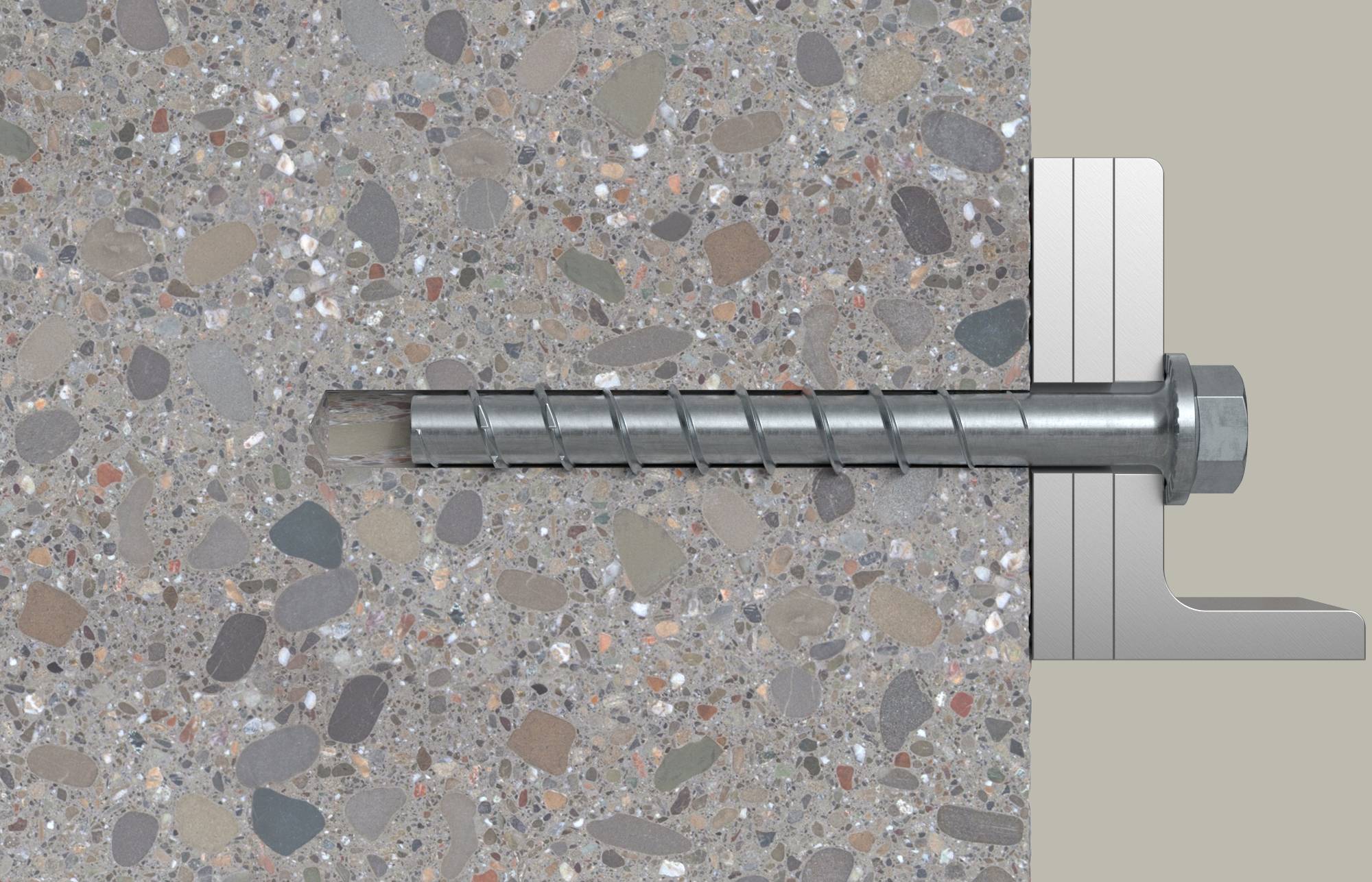 Příčný řez betonového kotevního šroubu zapuštěného do betonu a zajištěného na kovový nástavec na pravé straně.