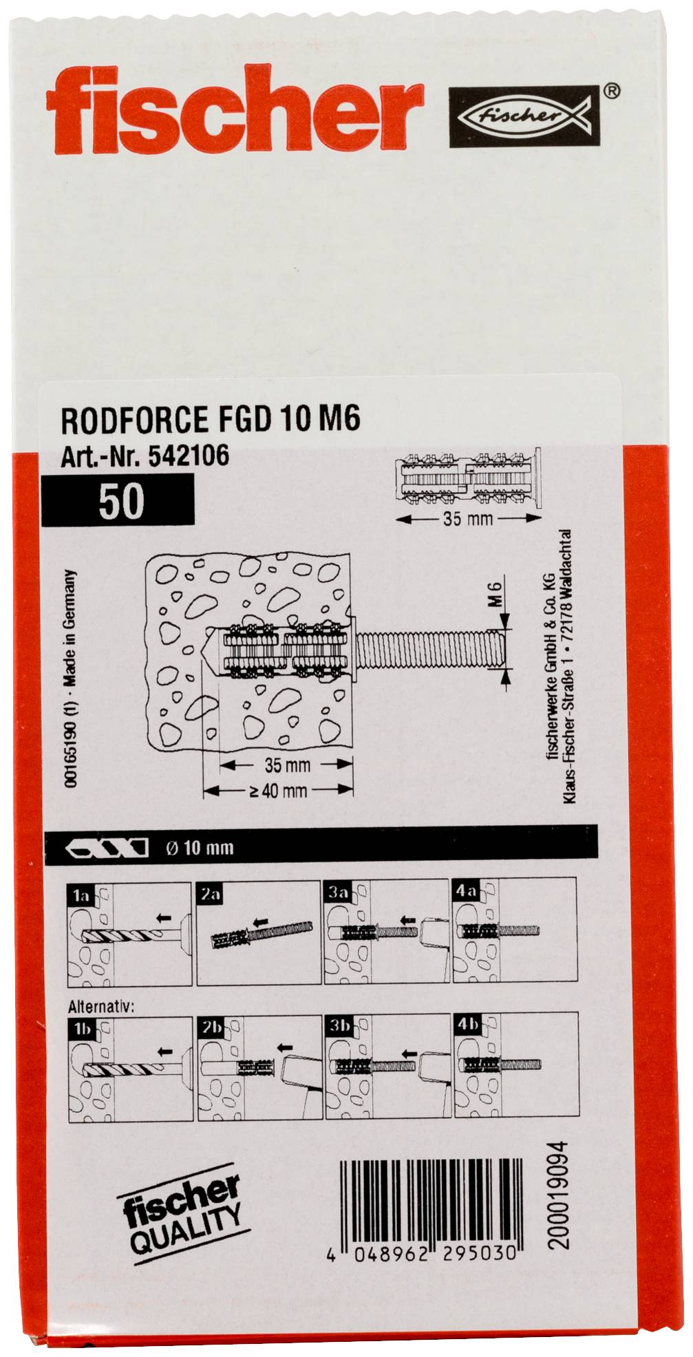 Balení pro fischer REDBOX FGD 10 M6 nástěnné kotvy, obsahující kód produktu, montážní diagram a množství 50 kusů.