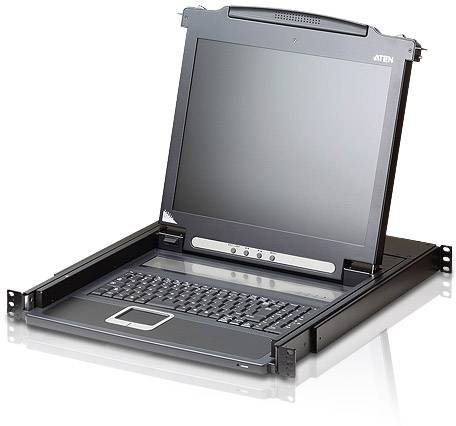 Výsuvný KVM přepínač s monitorem a klávesnicí v rackovém rozvaděči. Používá se ke správě několika serverů z jediného místa.