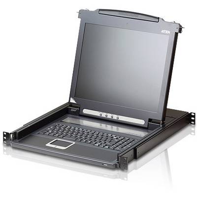 Výsuvný KVM přepínač s monitorem a klávesnicí v rackovém rozvaděči. Používá se ke správě několika serverů z jediného místa.