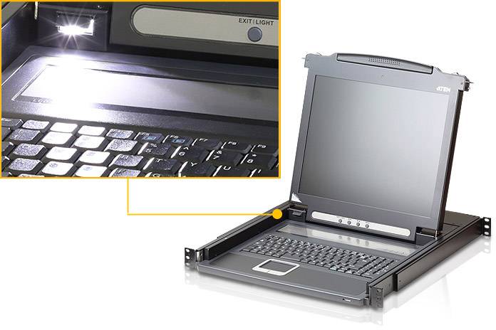 KVM přepínač s výsuvným monitorem ukazuje klávesnici a touchpad. Malé světlo osvětluje klávesnici.