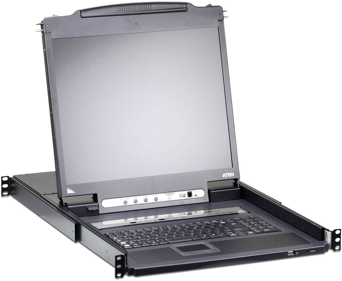 Černý rack KVM konzolový přepínač s výsuvným monitorem a klávesnicí, vhodný pro serverovny nebo IT prostředí.