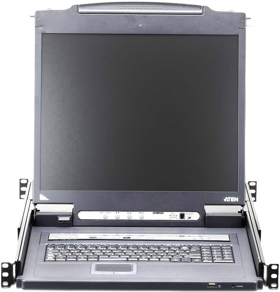 KVM přepínač s výsuvnou klávesnicí a integrovaným monitorem. Ideální pro serverovny k ovládání více počítačů.