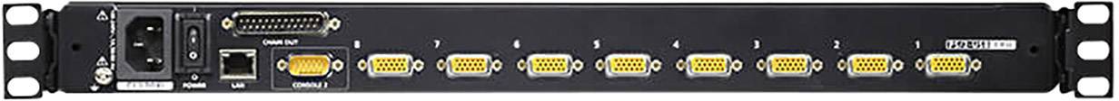 Pohled zezadu na rackmountový switch s několika VGA porty a síťovým připojením. Obsahuje také sériový port a LED diody pro indikaci stavu.