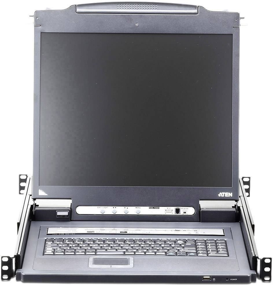 Rack-serverový monitor a klávesnice v černém pouzdře, vyklopené pro přístup, s několika ovládacími prvky.