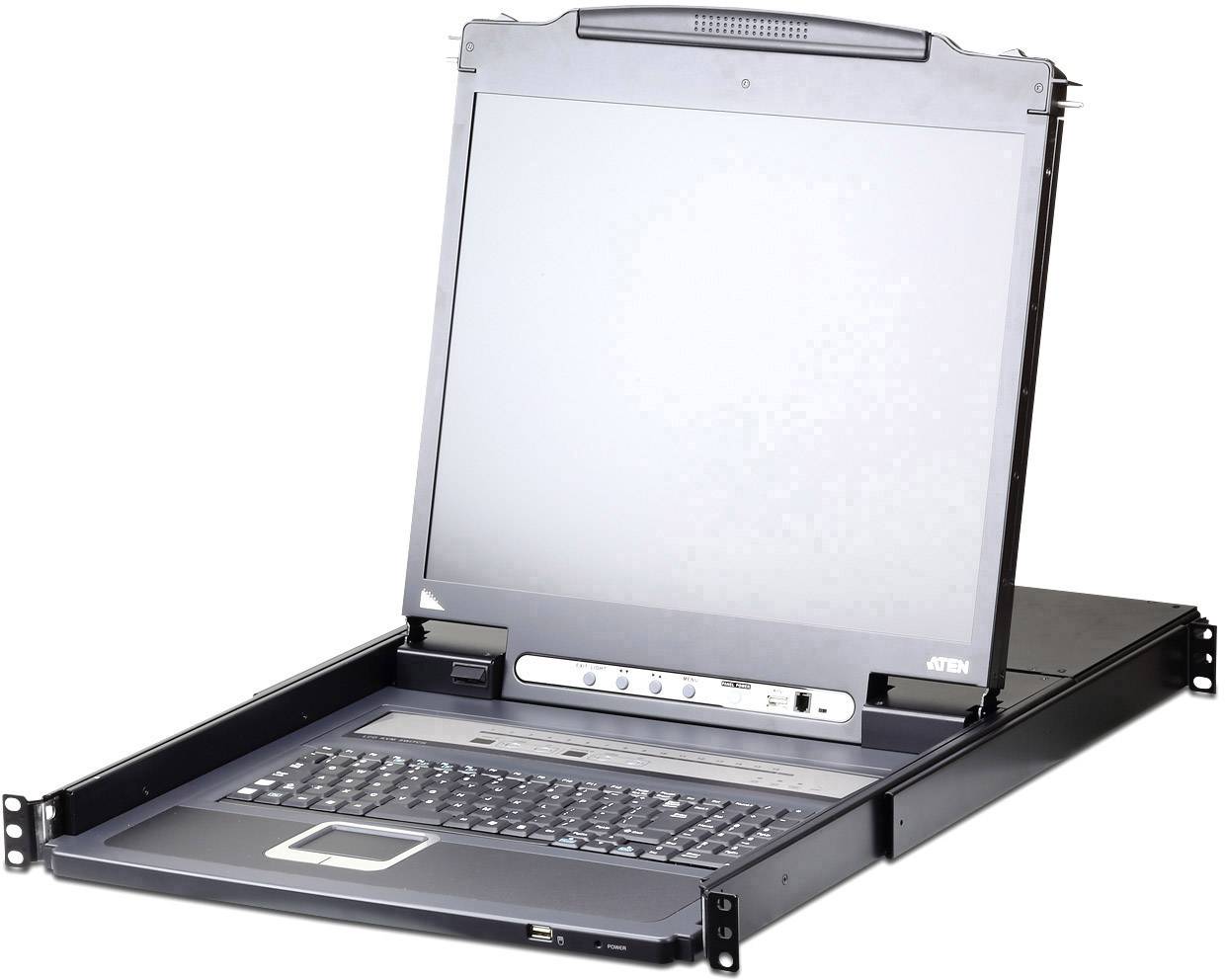 Rack-montovaná konzole s vyklopeným monitorem a klávesnicí, která je instalována do racku serverové skříně.