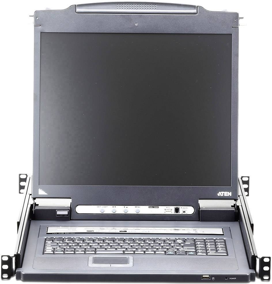 KVM přepínač s výsuvným monitorem a klávesnicí, namontovaný v serverové skříni, slouží ke správě několika počítačů.