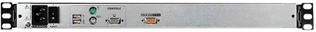 Pohled zezadu na stříbrné elektronické zařízení s několika konektory, mezi nimiž jsou USB, Ethernet a VGA porty.