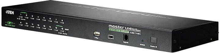 KVM přepínač značky ATEN, model 'MasterView', s několika vstupními a výstupními porty pro správu více počítačů.