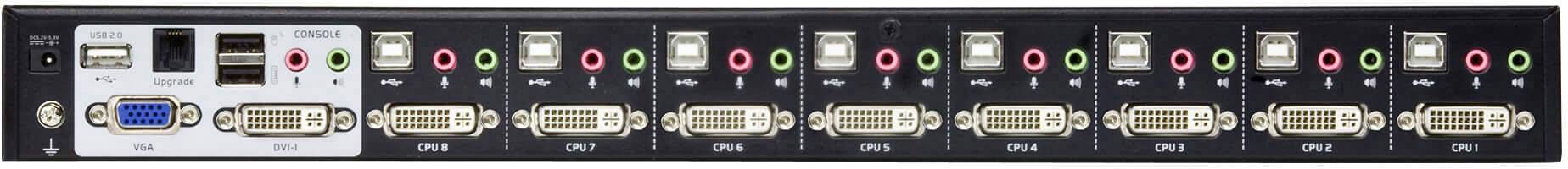 Zadní strana počítačového serveru s několika HDMI, USB a audio konektory pro rozšířené připojení a využití.