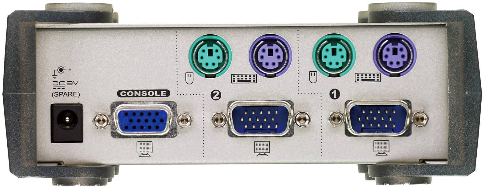 Zadní pohled na KVM přepínač s napájecím konektorem, dvěma PS/2 porty pro klávesnici a myš a dvěma VGA porty, označenými jako 'KONZOLE', '1' a '2'.