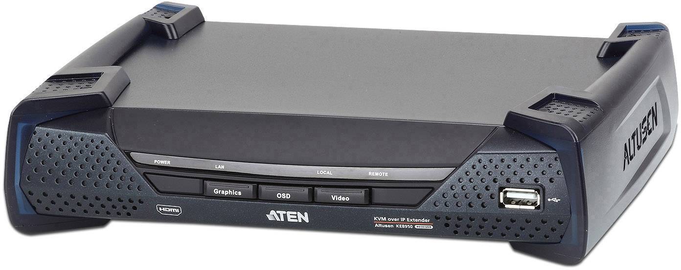 KVM přepínač over IP od společnosti ATEN s HDMI konektorem a USB portem. Vpředu několik funkčních tlačítek, vhodný pro použití v sítích.
