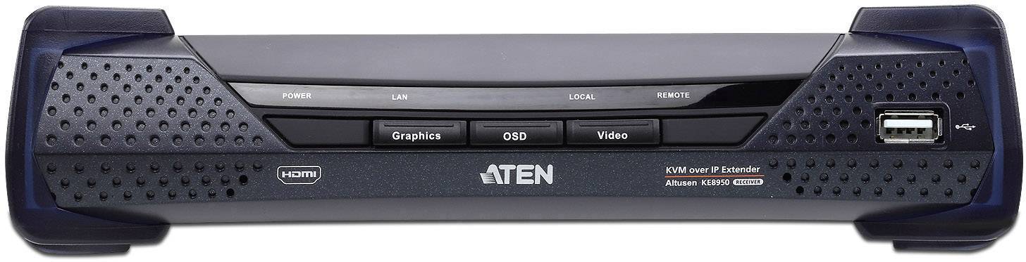 'ATEN KVM přepínač, pohled zepředu s tlačítkem pro grafiku, OSD a ovládání videa, LAN a USB porty. Označeno: KVM over IP Extender.'