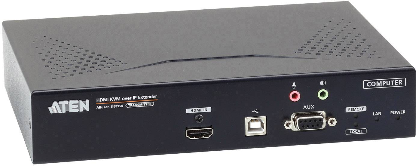 Černý HDMI KVM over IP extender s konektory pro HDMI, USB, AUX, LAN, napájení a dalšími. Nápis: 'Aten HDMI KVM over IP extender'.