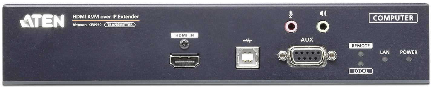 Zařízení s HDMI a AUX konektorem, LAN portem, síťovým vypínačem a LED kontrolkami pro 'Vzdálené ovládání', 'LAN' a 'Napájení'. Označeno štítkem 'POČÍTAČ'.