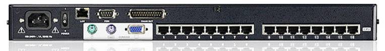 Zadní strana síťového zařízení s napájecím konektorem, síťovými přípojkami a VGA portem. Je viditelných několik ethernetových a PS/2 konektorů.