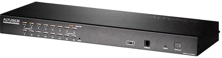 Černý KVM přepínač se 16 porty, vybavený přepínači a USB konektory. Na horní straně viditelný název modelu 'ALTUSEN'.