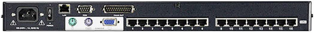 Obrázek zobrazuje zadní stranu síťového switche se 16 ethernetovými porty, sériovým portem a napájecím konektorem.