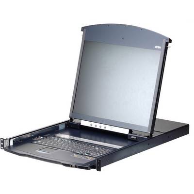 Rackmountový laptop s otevřenou obrazovkou a integrovanou klávesnicí.