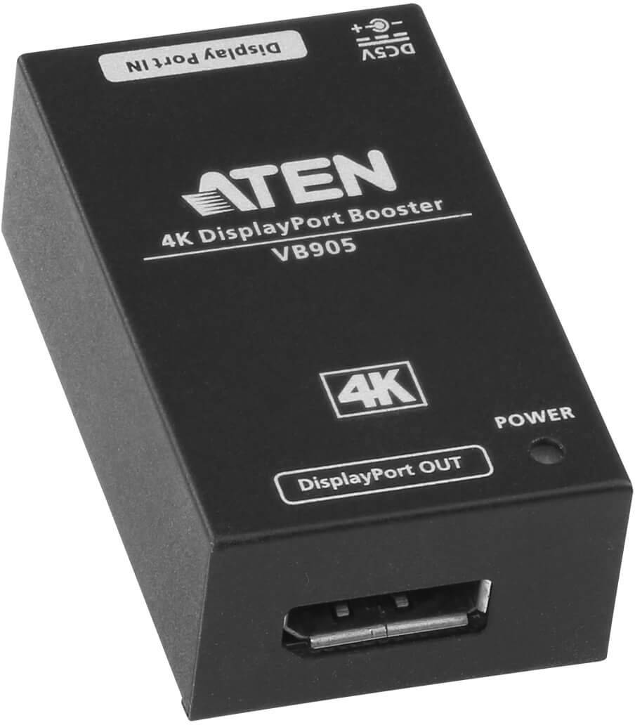 Černý ATEN 4K DisplayPort zesilovač (model VB905) s konektory DisplayPort 'IN' a 'OUT', podporuje 4K video rozlišení.