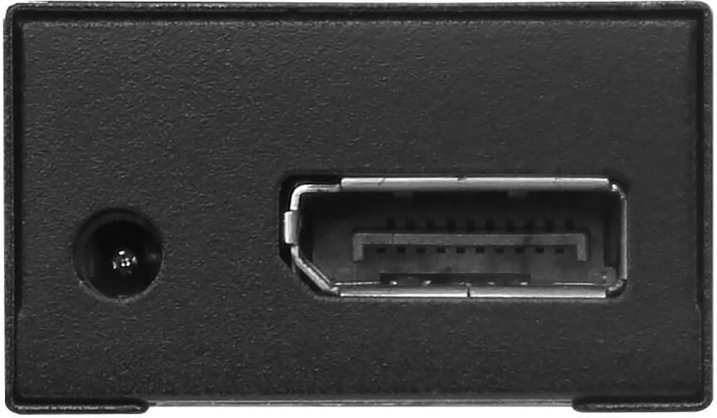 Černý panel konektorů zobrazuje zdířku pro napájecí adaptér (vlevo) a rozhraní HDMI (vpravo) pro audiovizuální připojení.