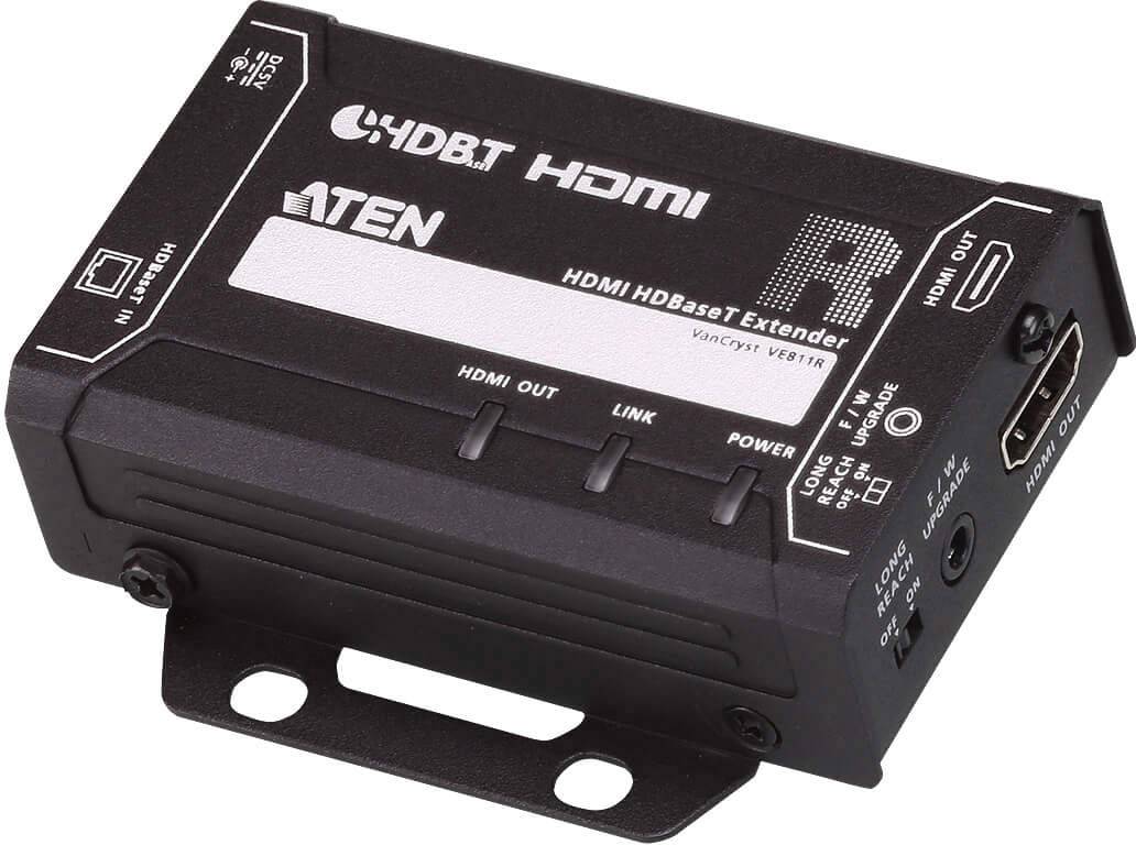 HDMI-HDBaseT prodlužovač, model VE181R, od společnosti ATEN pro prodloužení HDMI signálu na dlouhé vzdálenosti. Černý s připojovacími konektory.
