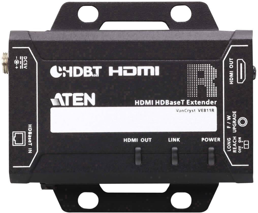 HDMI HDBaseT prodlužovač od ATEN s několika porty: HDMI, výstup, link a napájení. Zvýrazněno 'VanCryst VE811R'.