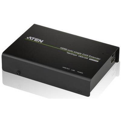 Černený HDMI přes Cat5 extender. Označený štítkem 'ATEN', 'HDMI přes jeden Cat5 extender', číslo modelu VE812R.