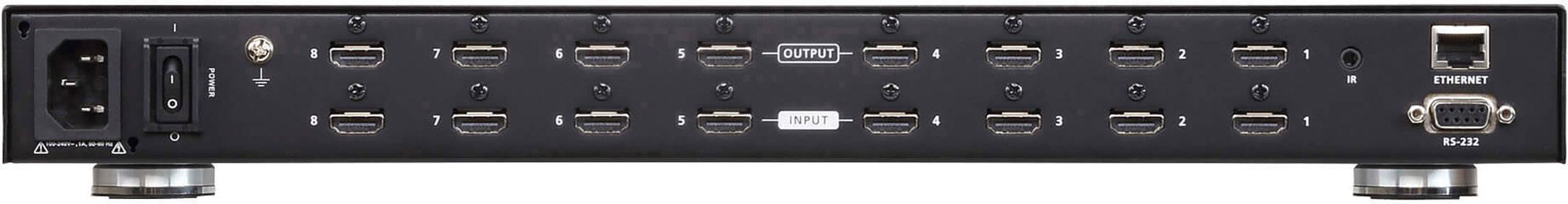 Zadní strana síťového zařízení s několika HDMI porty, napájecím konektorem, ethernetovým portem a sériovým rozhraním.