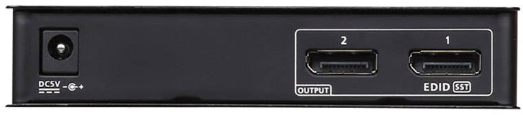 Elektronické zařízení s síťovým připojením a dvěma HDMI výstupy, označené štítky '2' a '1', jakož i 'OUTPUT' a 'EDID SST'.