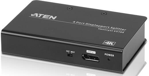 Černý 4-portový DisplayPort rozbočovač značky Aten, model VanCryst VS194, s konektory pro SST, MST, vstup a napájení, podporující rozlišení 4K.