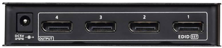 Černý switch se čtyřmi HDMI porty, očíslovanými od 1 do 4, a napájecím konektorem. Popisy: 'DC5V', 'OUTPUT', 'EDID SST'.