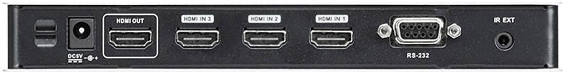 Zadní pohled elektronického zařízení s přípojkami: napájení, výstupy HDMI 1-4, RS-232 a IR-ext.