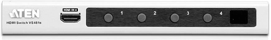 HDMI přepínač se čtyřmi porty, tlačítka očíslována od 1 do 4. Název značky na levé straně.