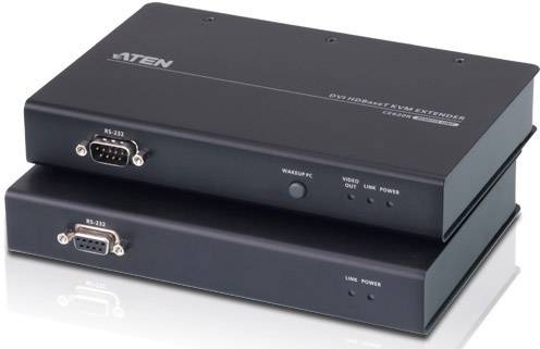 Dva černé HDMI extendery položené jeden na druhém, s RS-232, Video Out a napájecími konektory, viditelným názvem značky.