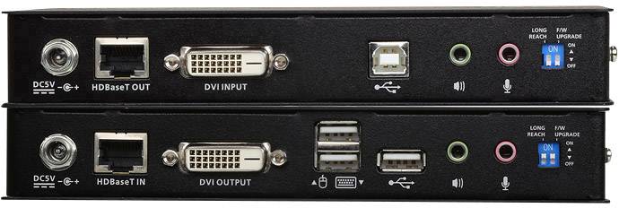 Dvě elektronická zařízení s konektory: Ethernet, DVI, USB, Audio. Nahoře 'HDBaseT OUT', dole 'HDBaseT IN'.