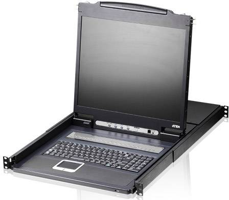 Černý notebook s otevřeným displejem, vestavěnou klávesnicí a touchpadem, umístěný na výsuvném posuvném držáku.